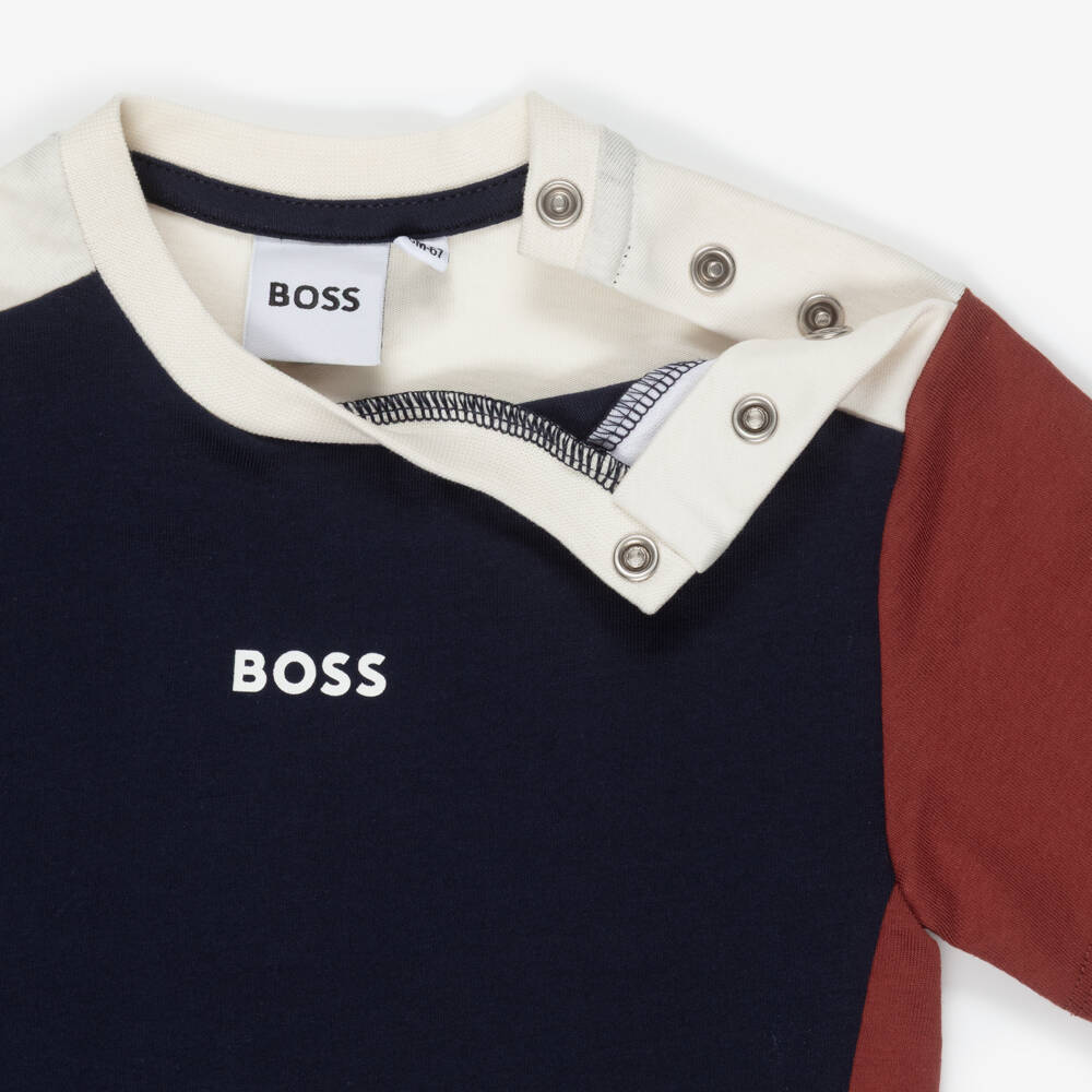 BOSS-Boys Navy Blue & Brown Colourblock T-Shirt | Childrensalon