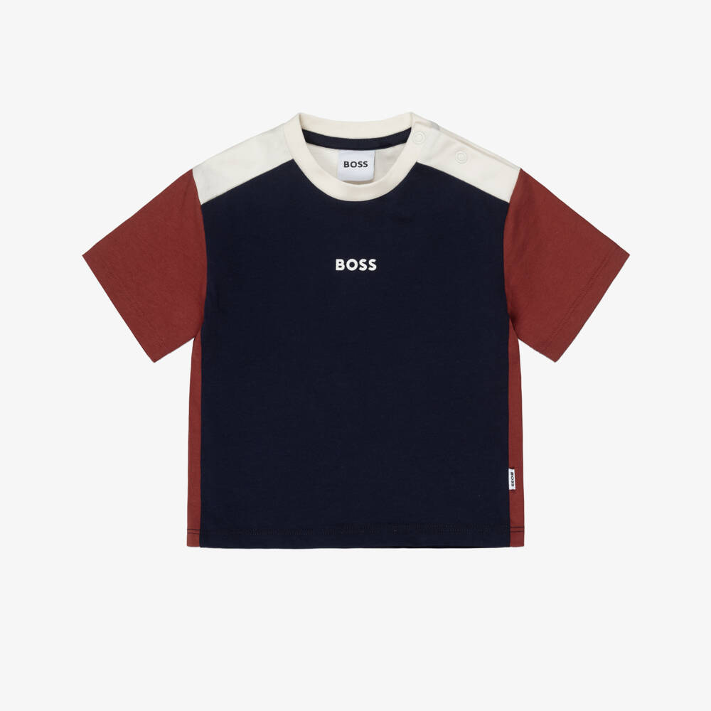 BOSS-Boys Navy Blue & Brown Colourblock T-Shirt | Childrensalon