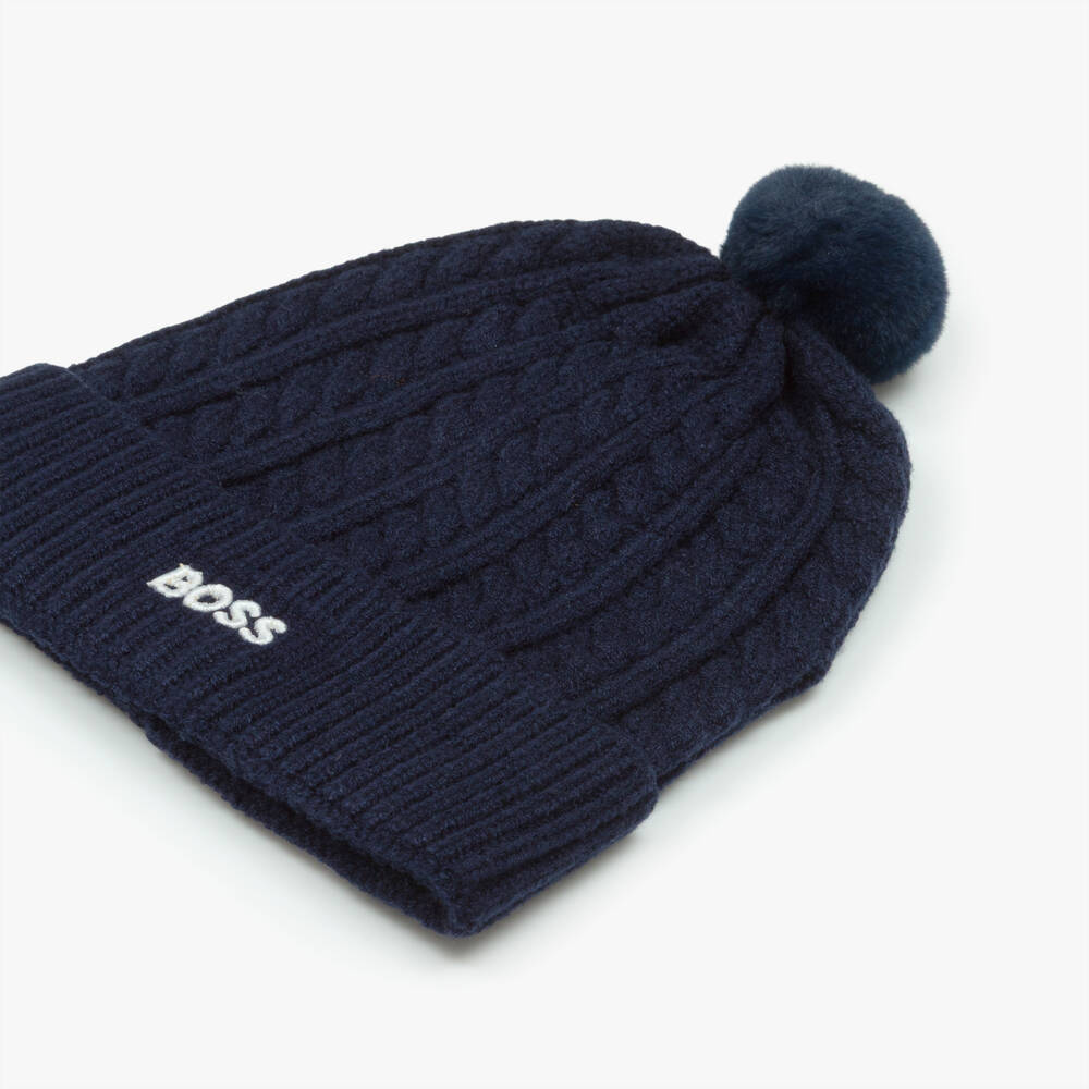 BOSS-Boys Navy Blue Cable Knit Pom-Pom Hat | Childrensalon