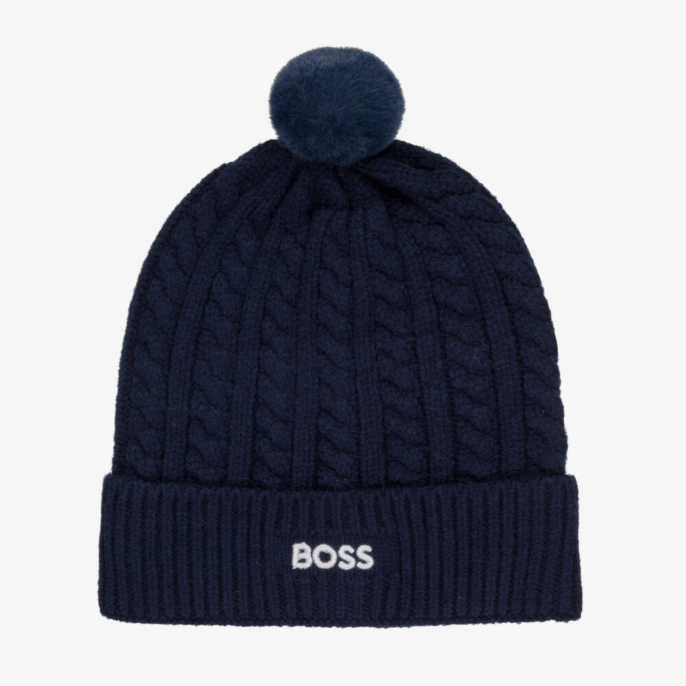 BOSS-Boys Navy Blue Cable Knit Pom-Pom Hat | Childrensalon