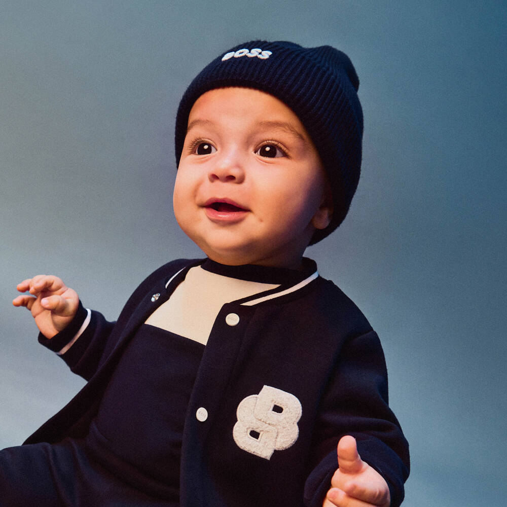 BOSS-Boys Navy Blue Cable Knit Pom-Pom Hat | Childrensalon