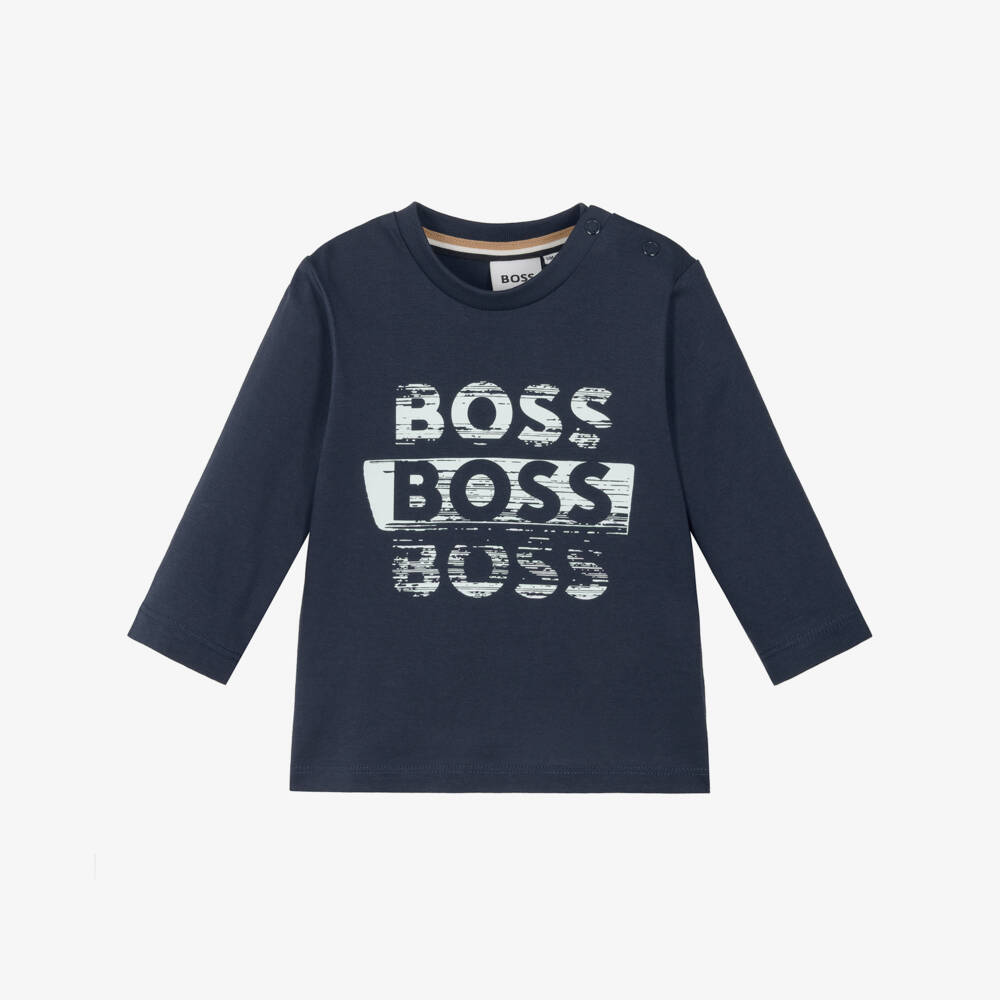 BOSS-Boys Navy Blue Cotton Logo Top | Childrensalon