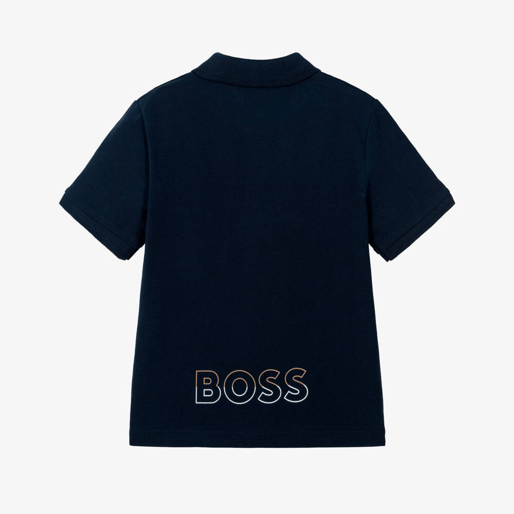 BOSS-Boys Navy Blue Cotton Piqué Polo Shirt with Logo on the Back | Childrensalon