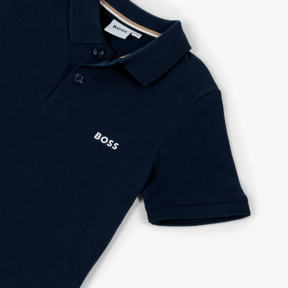 BOSS-Boys Navy Blue Cotton Piqué Polo Shirt with Logo on the Back | Childrensalon