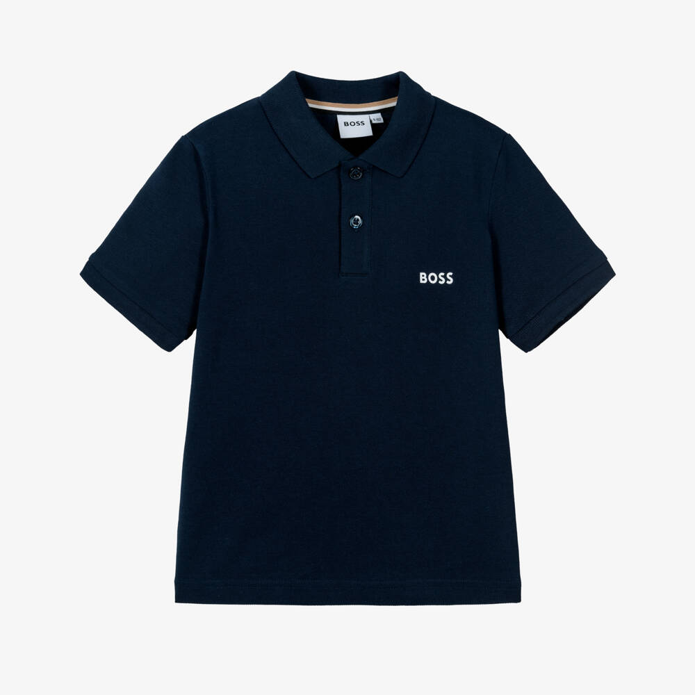 BOSS-Boys Navy Blue Cotton Piqué Polo Shirt with Logo on the Back | Childrensalon