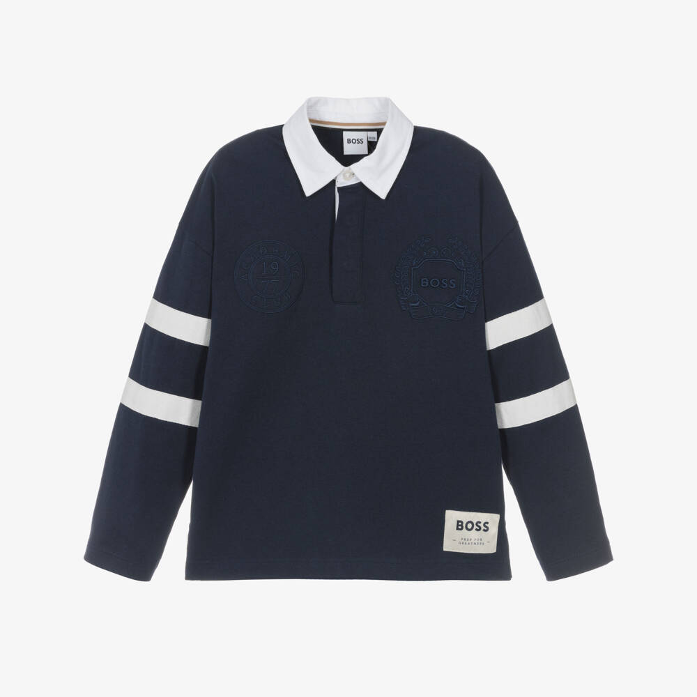 BOSS-Boys Navy Blue Cotton Polo Top with Crest Logo | Childrensalon