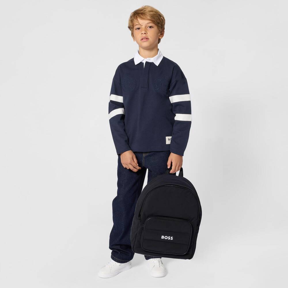 BOSS-Boys Navy Blue Cotton Polo Top with Crest Logo | Childrensalon