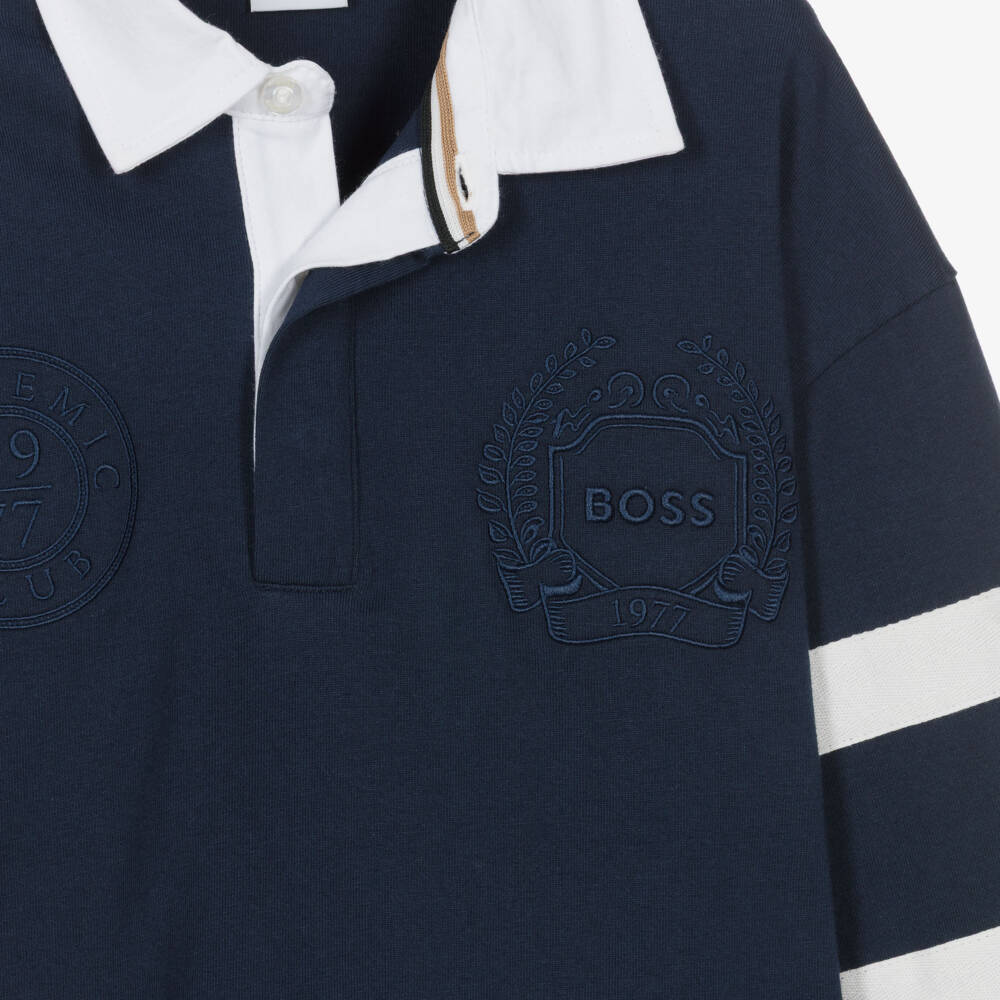 BOSS-Boys Navy Blue Cotton Polo Top with Crest Logo | Childrensalon