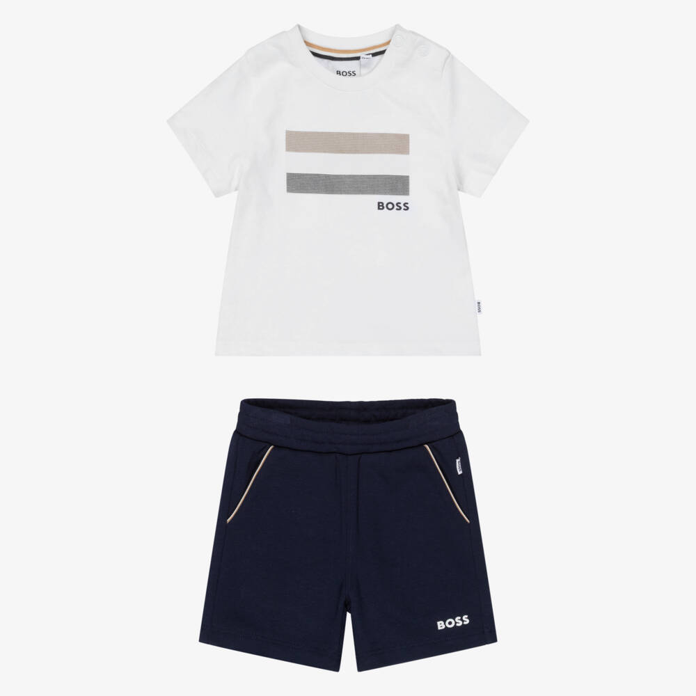 BOSS-Boys Navy Blue Cotton Shorts Set with Signature Stripes | Childrensalon