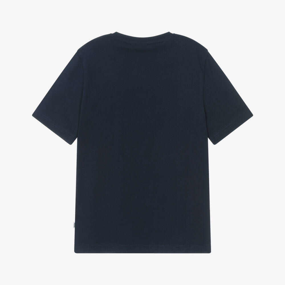 BOSS-Boys Navy Blue Cotton T-Shirt with Cityscape Logo | Childrensalon