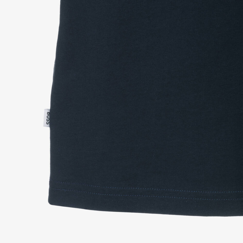 BOSS-Boys Navy Blue Cotton T-Shirt with Cityscape Logo | Childrensalon