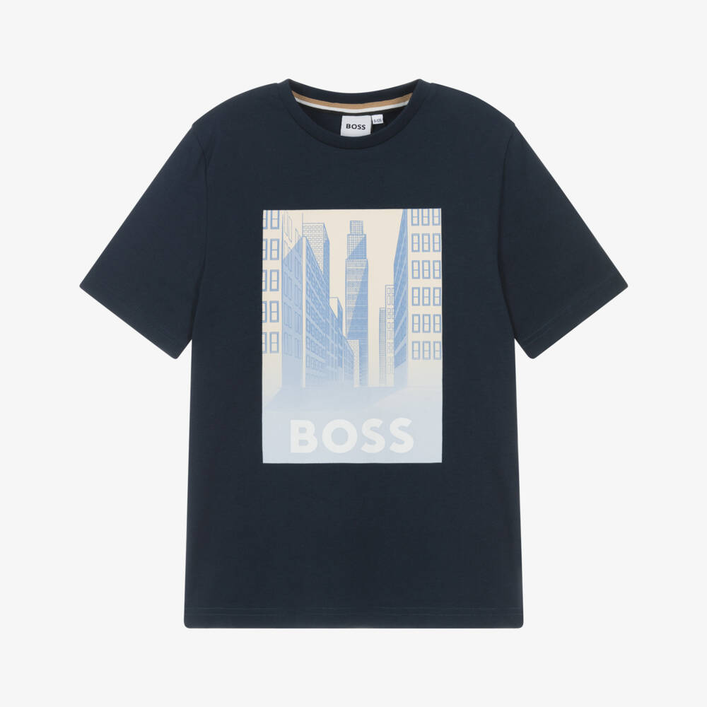 BOSS-Boys Navy Blue Cotton T-Shirt with Cityscape Print | Childrensalon