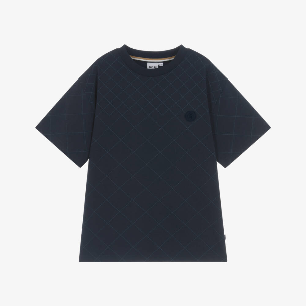 BOSS-Boys Navy Blue Cotton T-Shirt with Diamond Pattern | Childrensalon