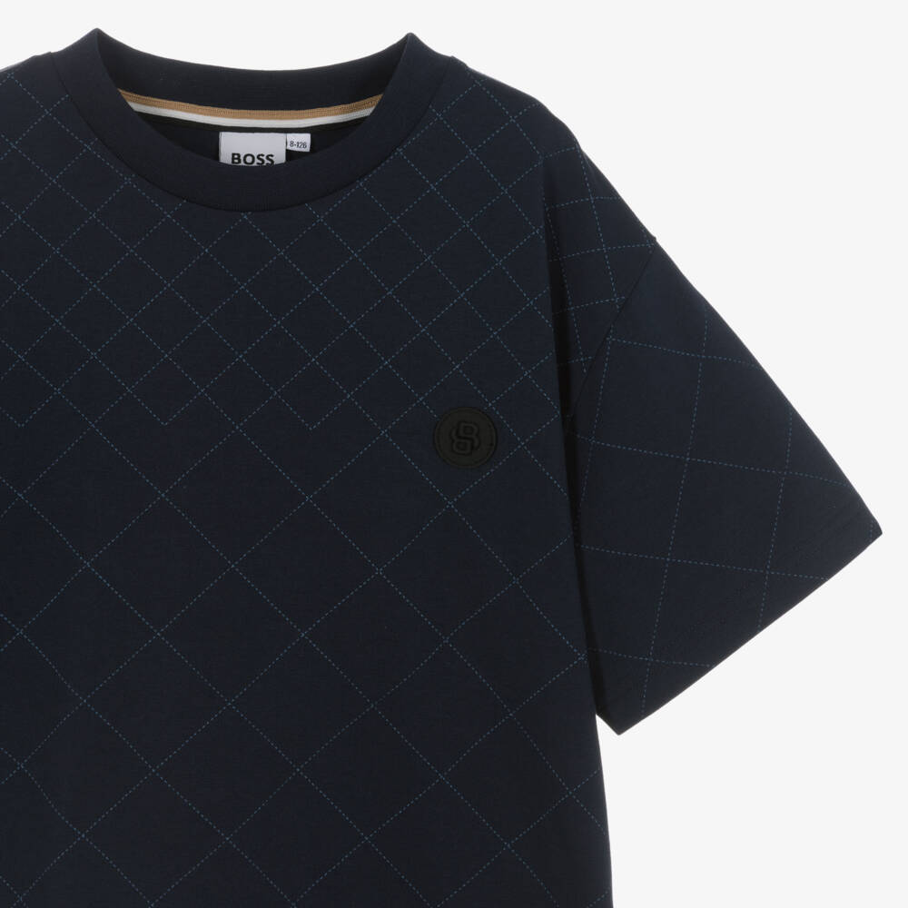 BOSS-Boys Navy Blue Cotton T-Shirt with Diamond Pattern | Childrensalon