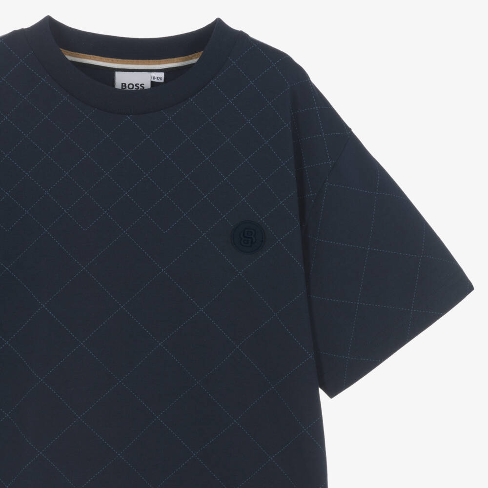 BOSS-Boys Navy Blue Cotton T-Shirt with Diamond Pattern | Childrensalon