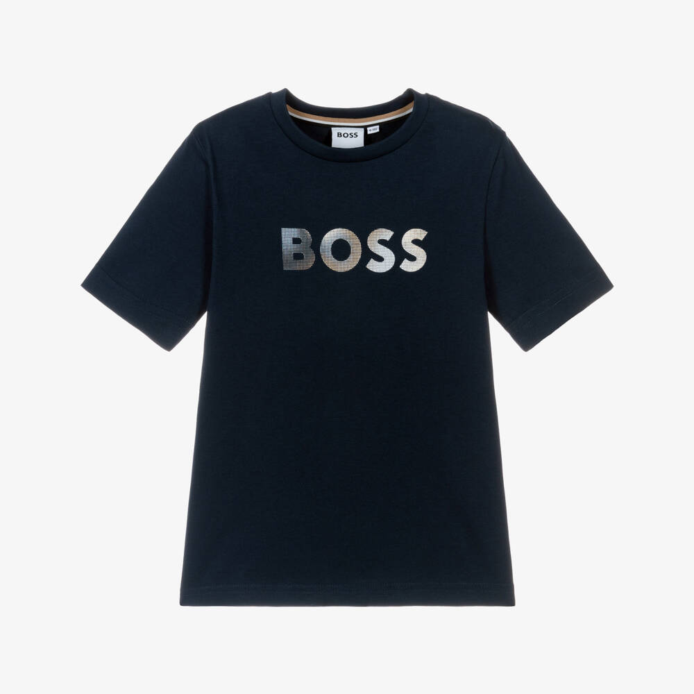 BOSS-Boys Navy Blue Cotton T-Shirt with Gradient Logo | Childrensalon