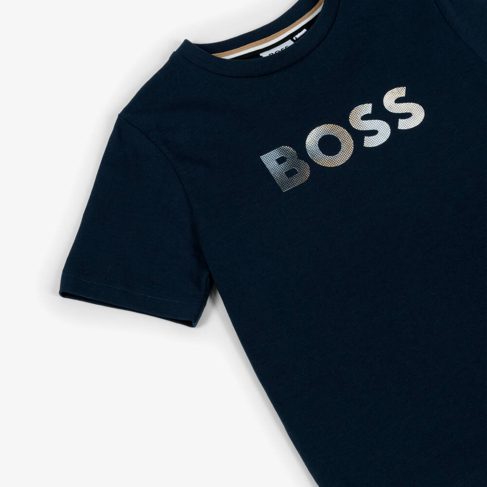BOSS-Boys Navy Blue Cotton T-Shirt with Gradient Logo | Childrensalon