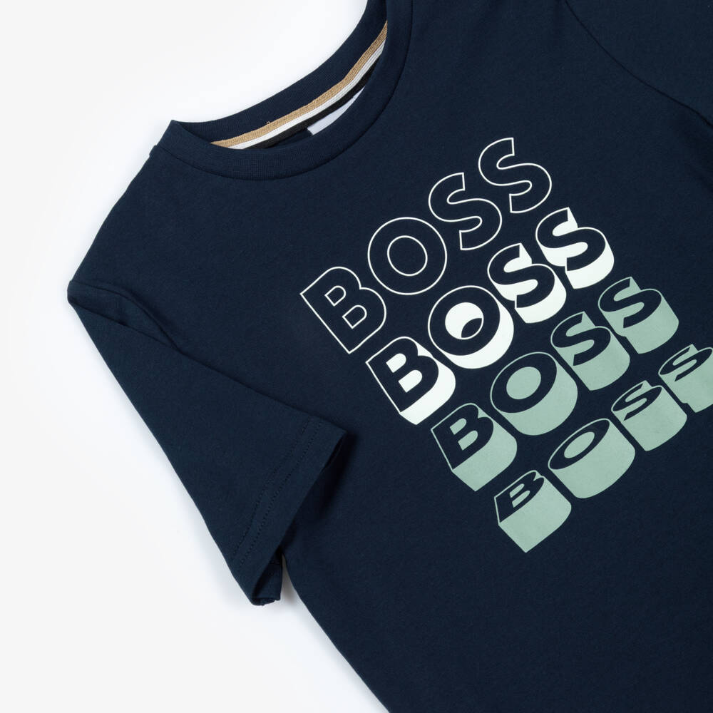BOSS-Футболка синяя из хлопка с повторяющимся логотипом для мальчиков | Childrensalon