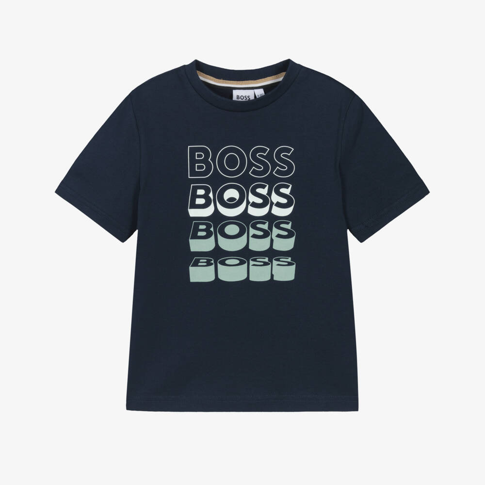 BOSS-Футболка синяя из хлопка с повторяющимся логотипом для мальчиков | Childrensalon