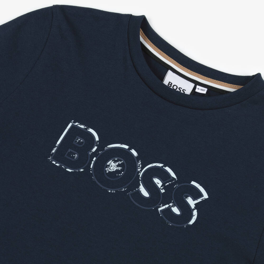 BOSS-Boys Navy Blue Cotton Top with Faded Logo | Childrensalon