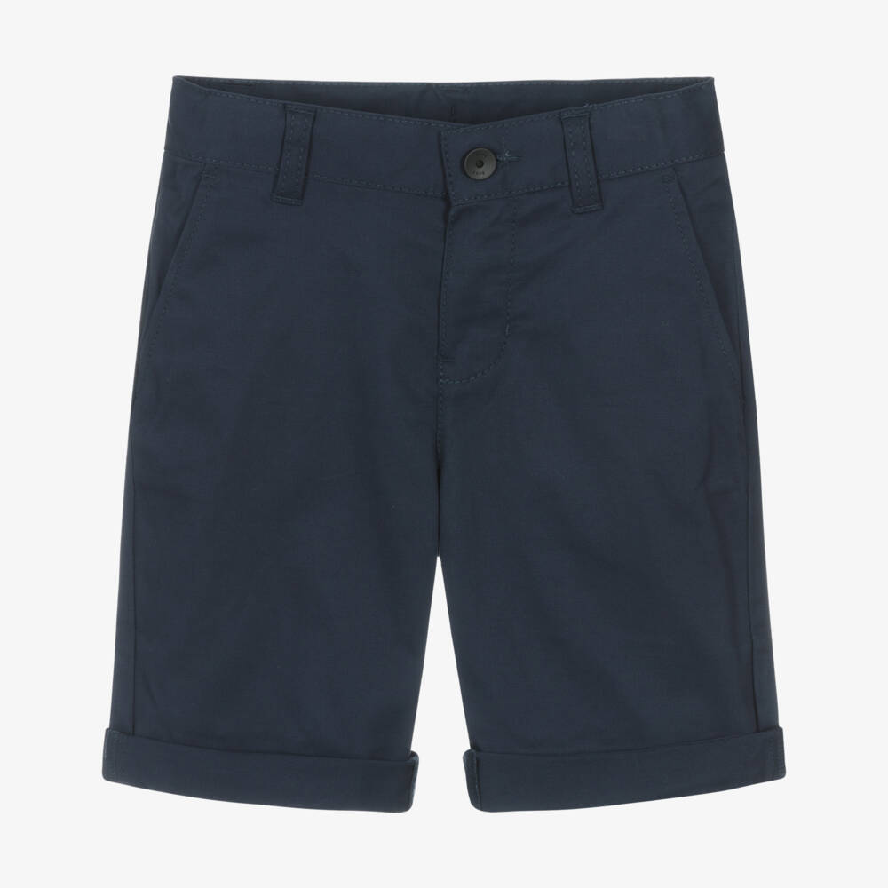 BOSS-Boys Navy Blue Cotton Twill Chino Shorts | Childrensalon