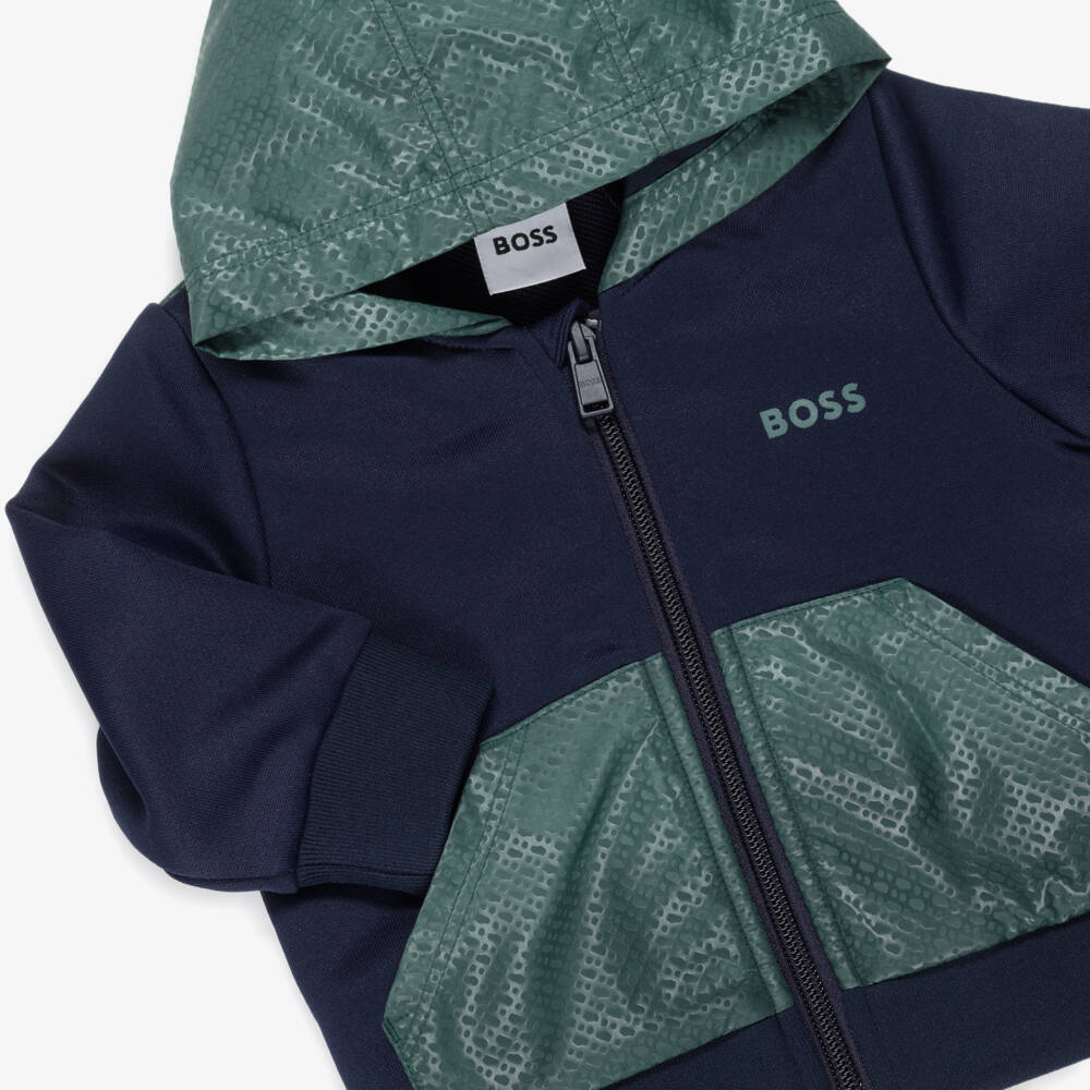 BOSS-Boys Navy Blue & Green Hooded Tracksuit | Childrensalon