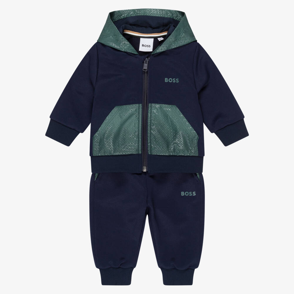 BOSS-Boys Navy Blue & Green Hooded Tracksuit | Childrensalon