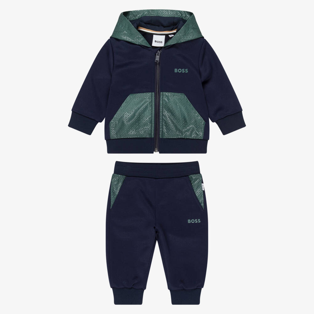 BOSS-Boys Navy Blue & Green Hooded Tracksuit | Childrensalon