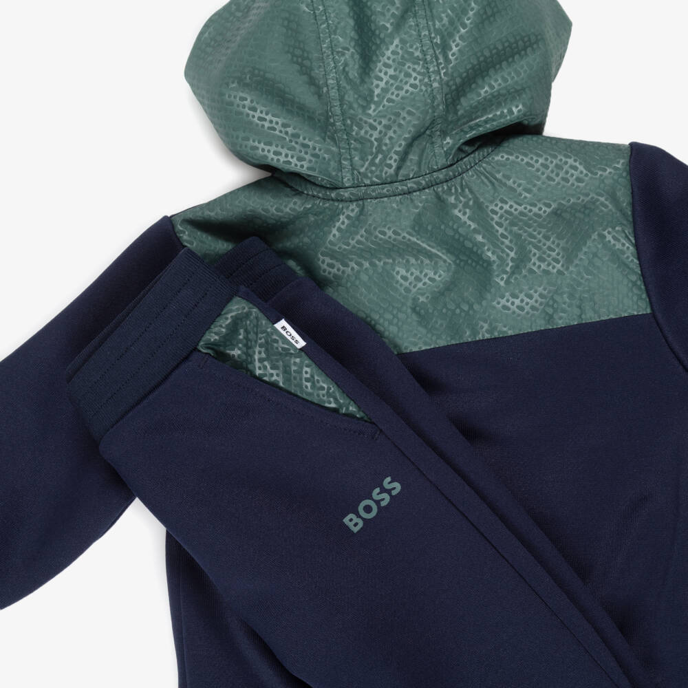 BOSS-Boys Navy Blue & Green Hooded Tracksuit | Childrensalon
