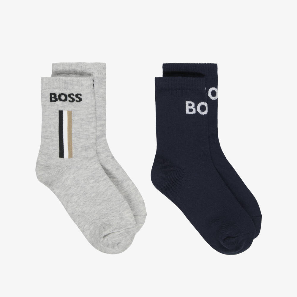BOSS-Boys Navy Blue & Grey Socks with Logos (2 Pack) | Childrensalon