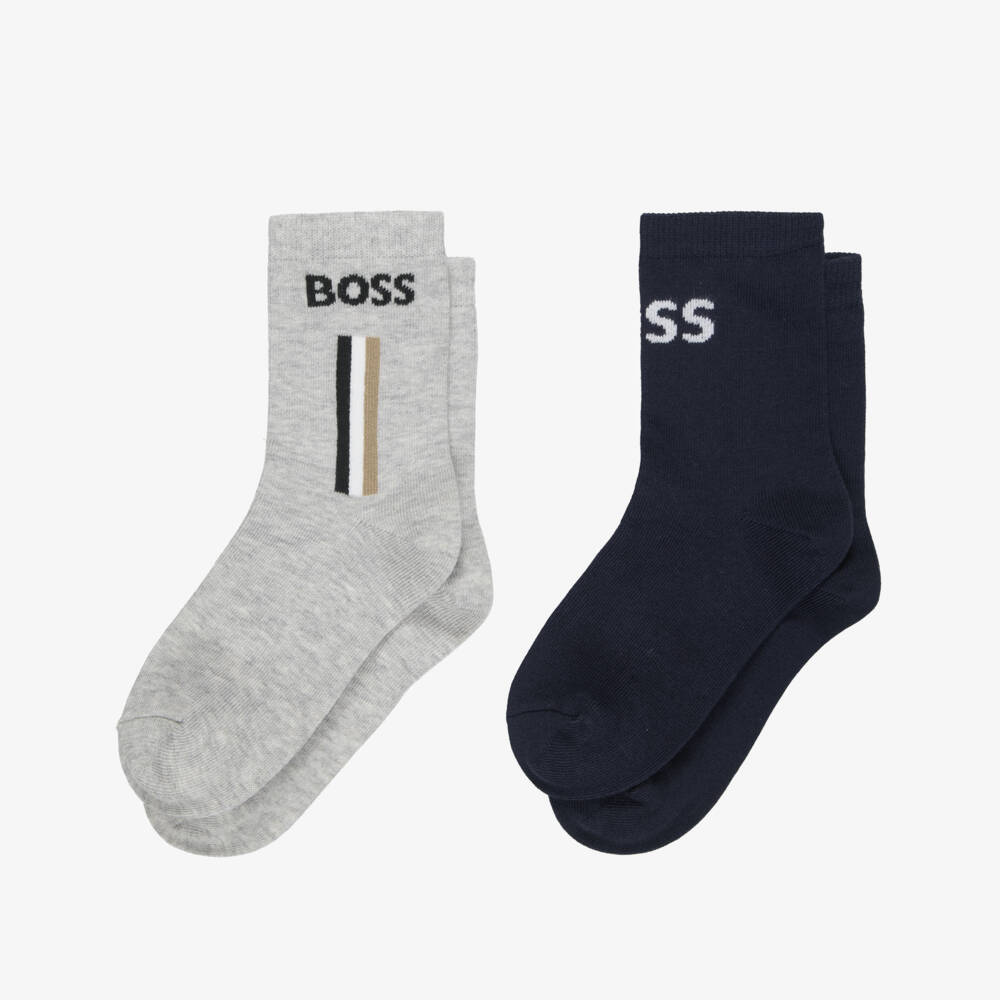 BOSS-Boys Navy Blue & Grey Socks with Logos (2 Pack) | Childrensalon