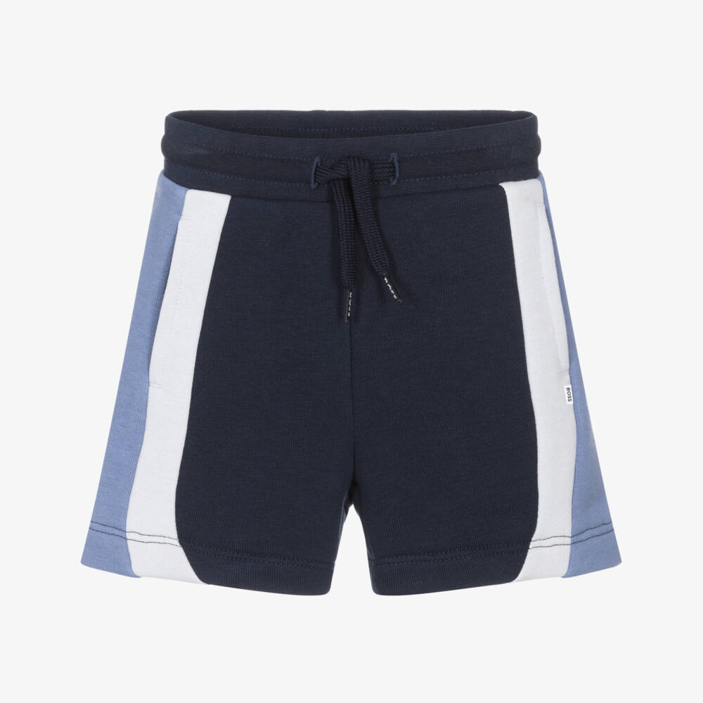 BOSS-Boys Navy Blue Jersey Shorts with Stripes | Childrensalon
