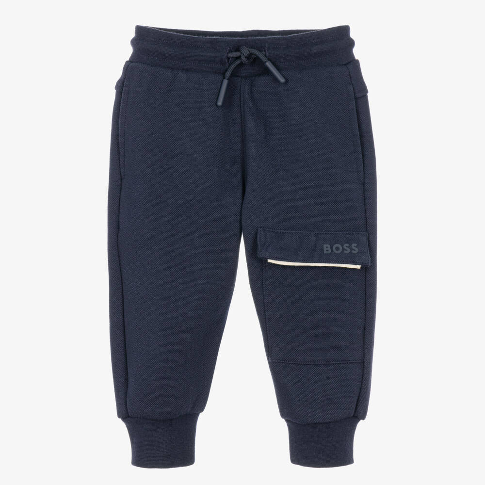 BOSS-Boys Navy Blue Joggers with a Drawstring Waist | Childrensalon