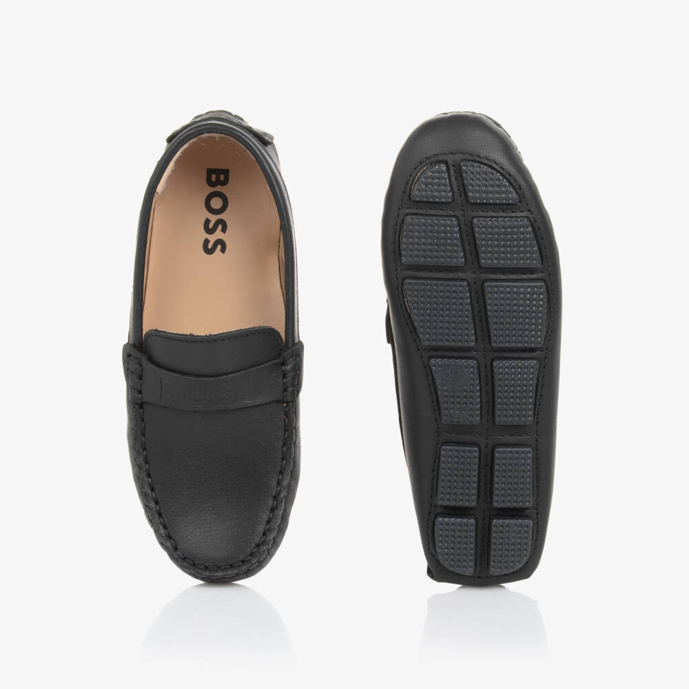 BOSS-Boys Navy Blue Leather Moccasins | Childrensalon