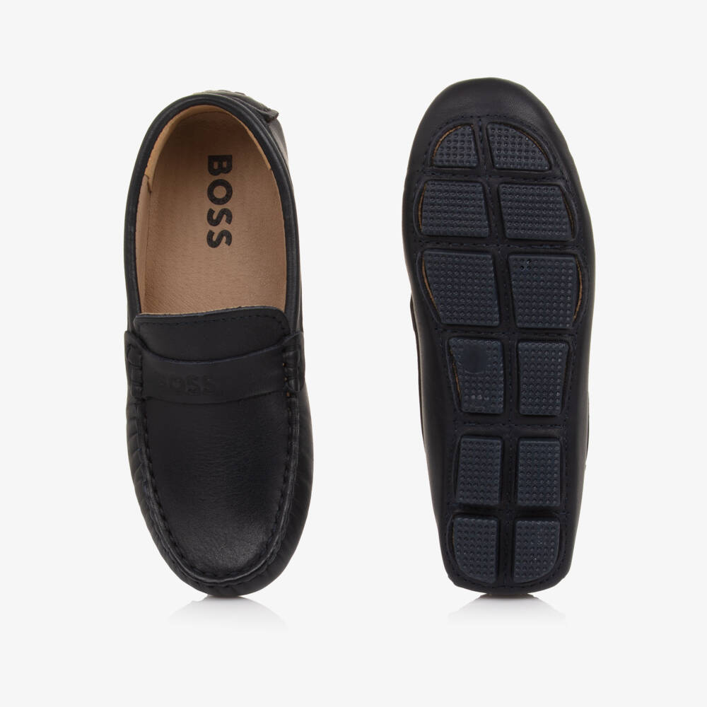 BOSS-Boys Navy Blue Leather Moccasins with Logo Strap | Childrensalon