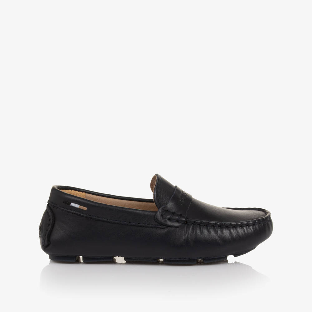 BOSS-Boys Navy Blue Leather Moccasins with Logo Strap | Childrensalon