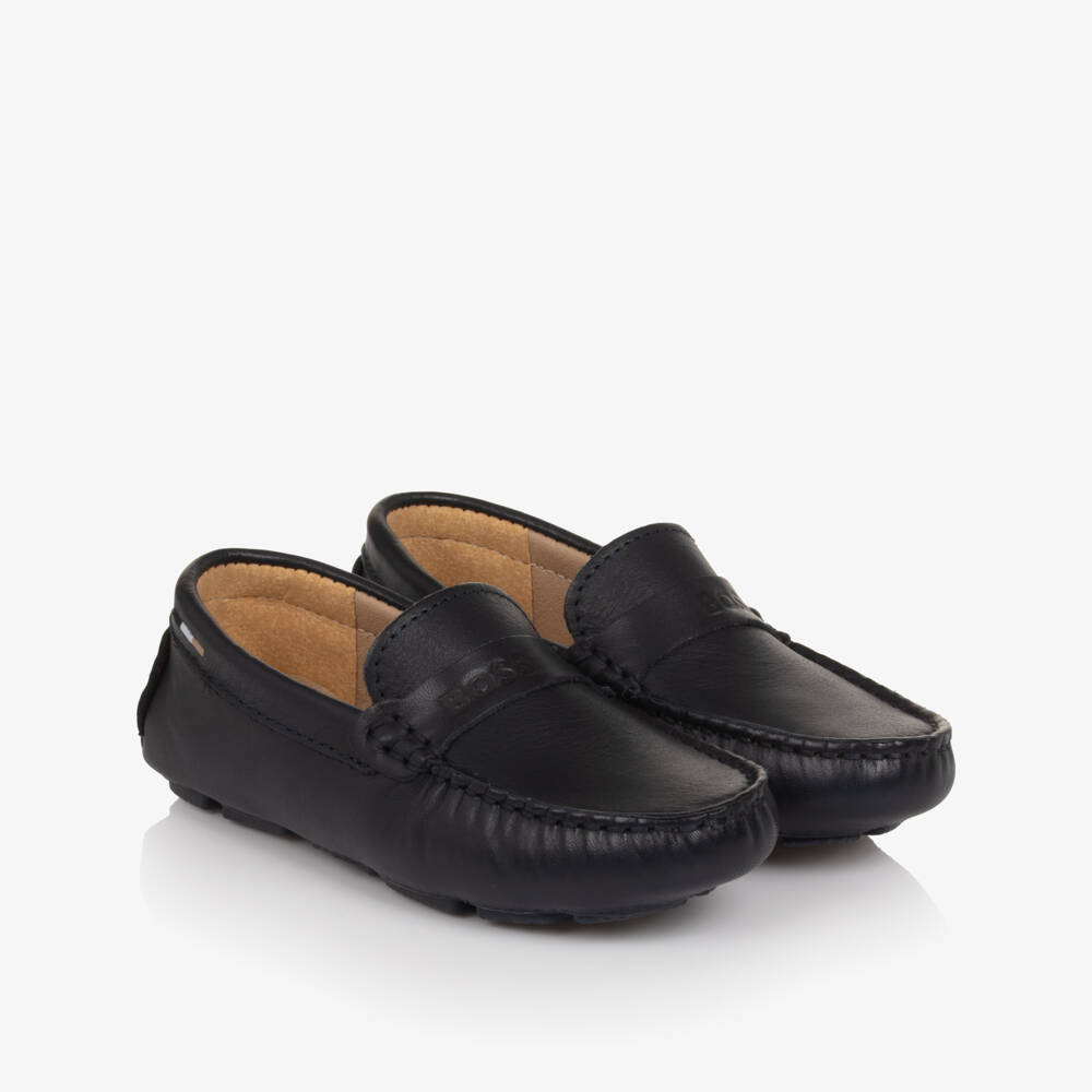 BOSS-Boys Navy Blue Leather Moccasins with Logo Strap | Childrensalon