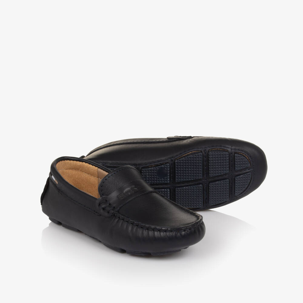 BOSS-Boys Navy Blue Leather Moccasins with Logo Strap | Childrensalon