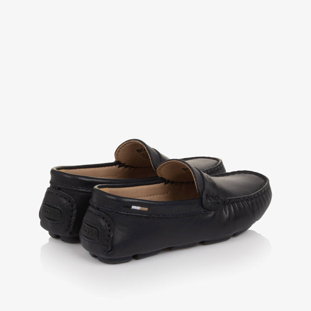 BOSS-Boys Navy Blue Leather Moccasins with Logo Strap | Childrensalon