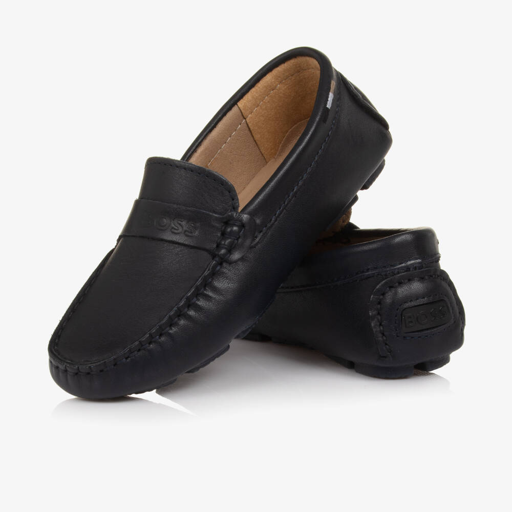 BOSS-Boys Navy Blue Leather Moccasins with Logo Strap | Childrensalon