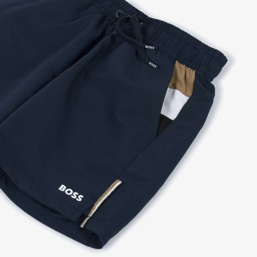 BOSS-Boys Navy Blue Logo Swim Shorts with Tricolour Detailing | Childrensalon