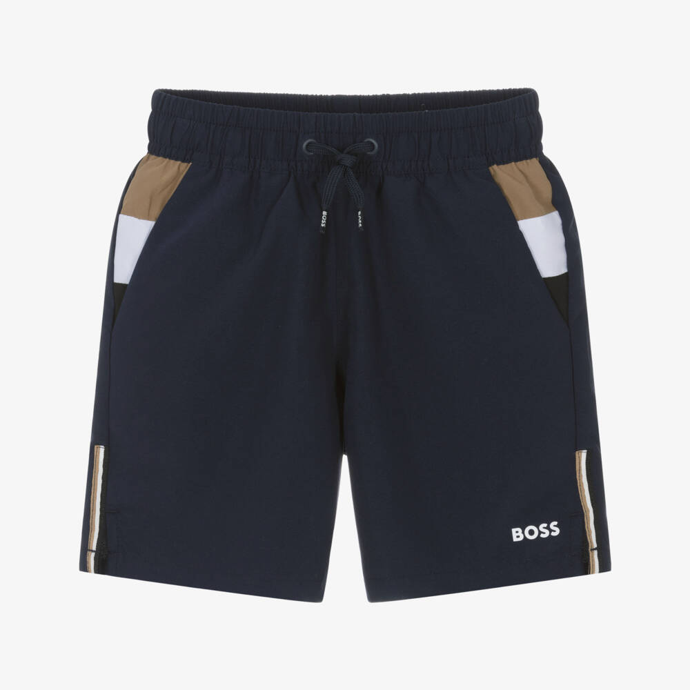 BOSS-Boys Navy Blue Logo Swim Shorts with Tricolour Detailing | Childrensalon