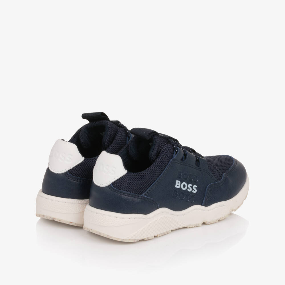 BOSS-Boys Navy Blue Mesh & Faux Leather Slip On Trainers | Childrensalon
