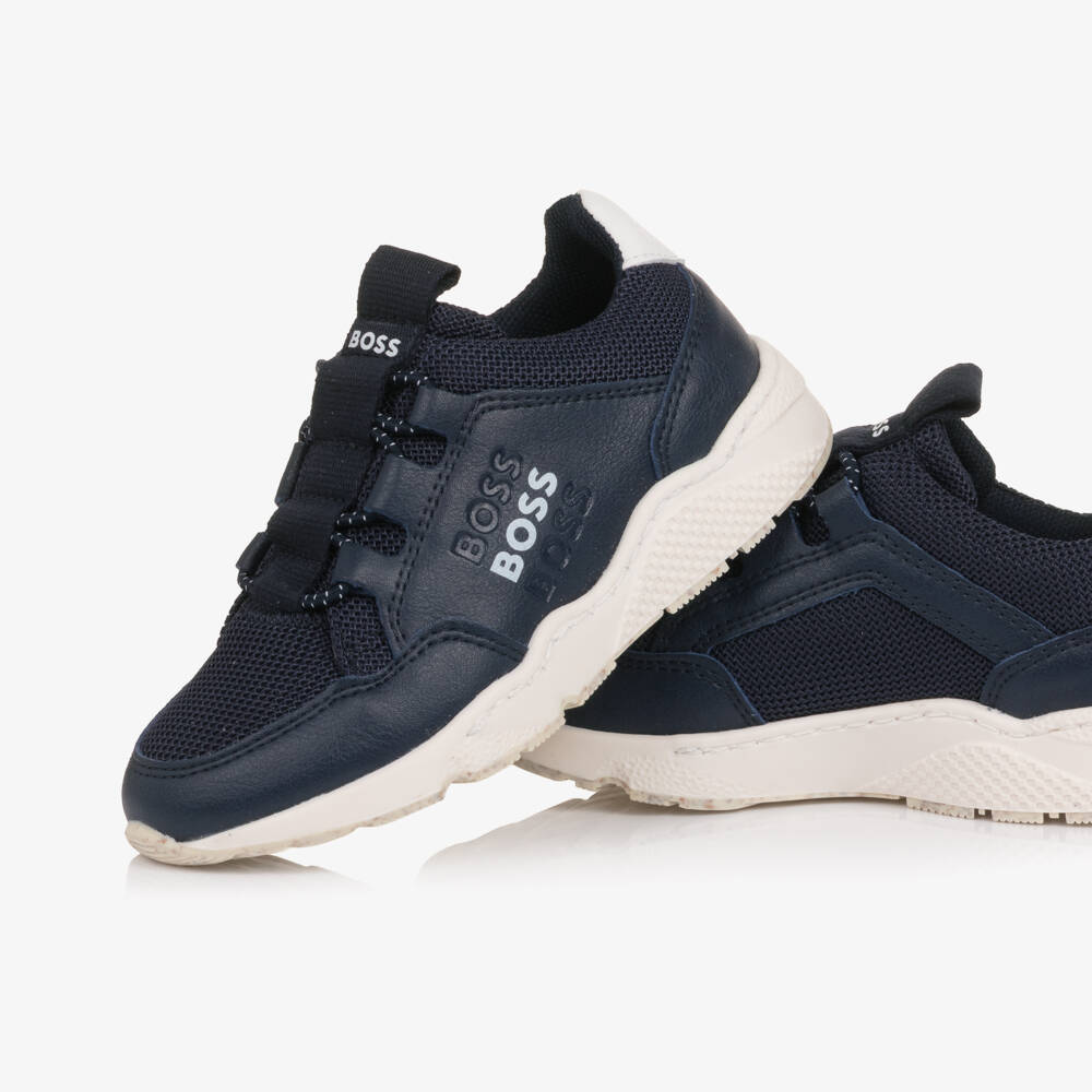 BOSS-Boys Navy Blue Mesh & Faux Leather Slip On Trainers | Childrensalon