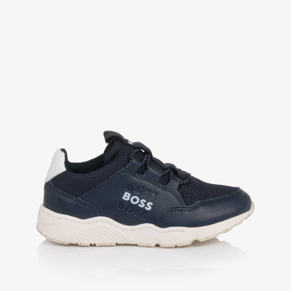 BOSS-Boys Navy Blue Mesh & Faux Leather Slip On Trainers | Childrensalon