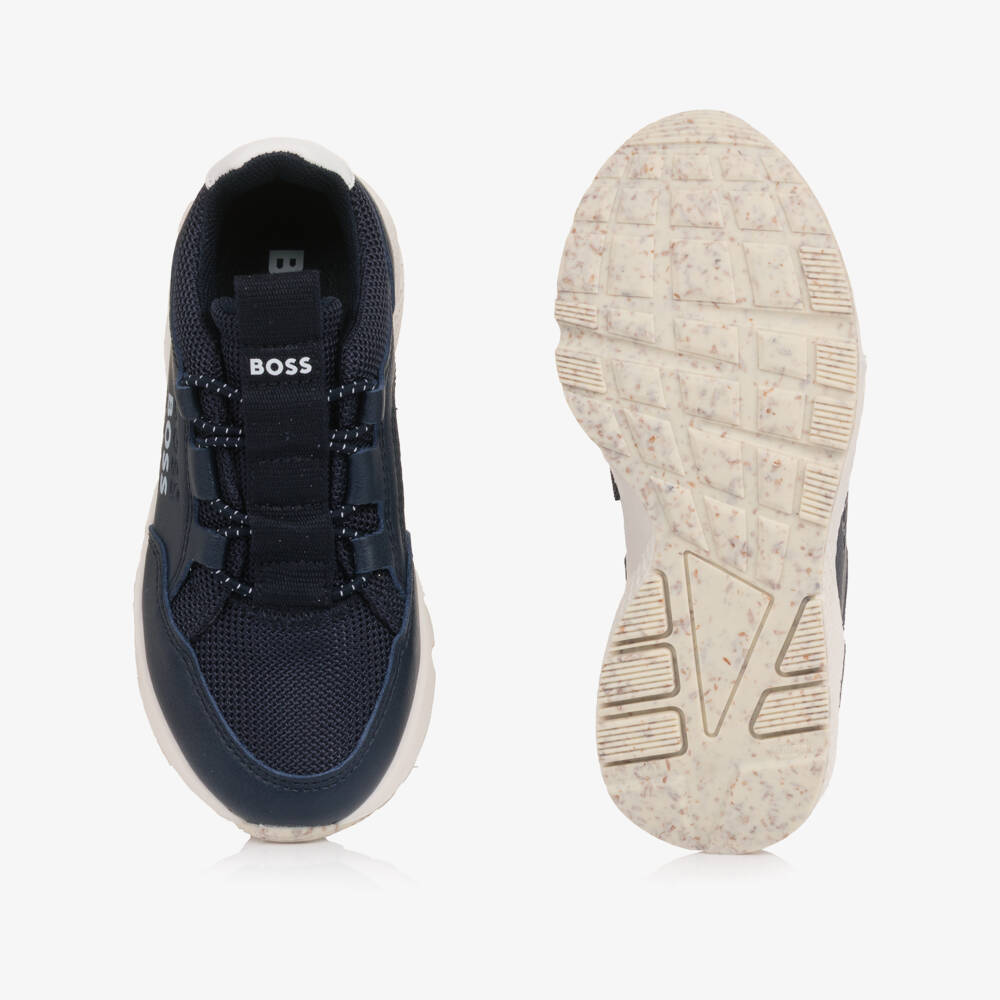 BOSS-Boys Navy Blue Mesh & Faux Leather Slip On Trainers | Childrensalon