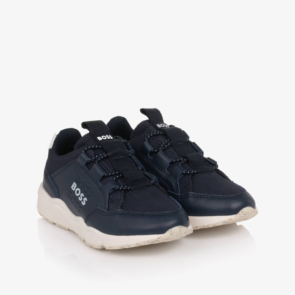 BOSS-Boys Navy Blue Mesh & Faux Leather Slip On Trainers | Childrensalon