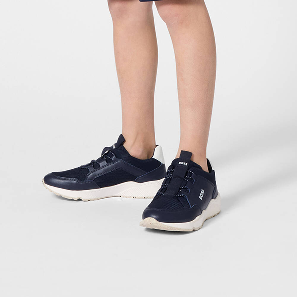 BOSS-Boys Navy Blue Mesh & Faux Leather Slip On Trainers | Childrensalon