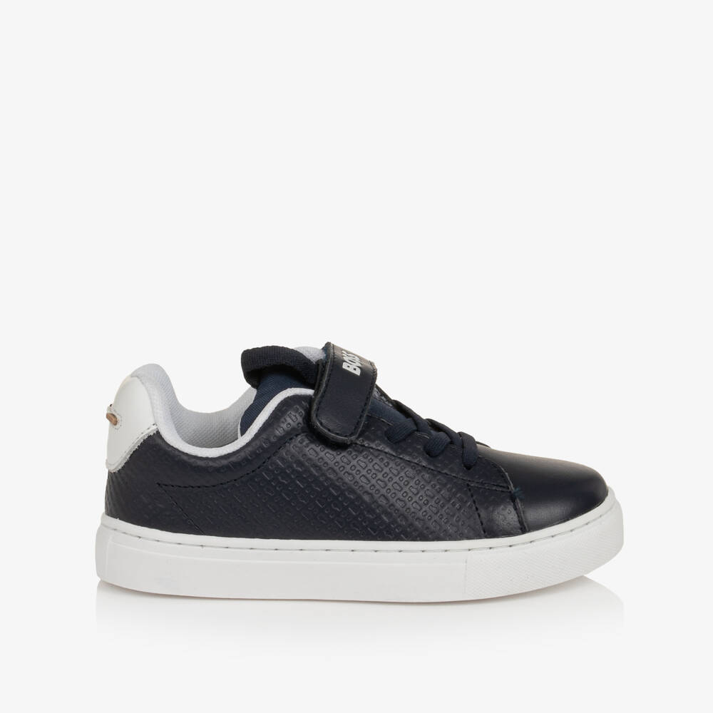 BOSS-Boys Navy Blue Monogram Pattern Trainers | Childrensalon