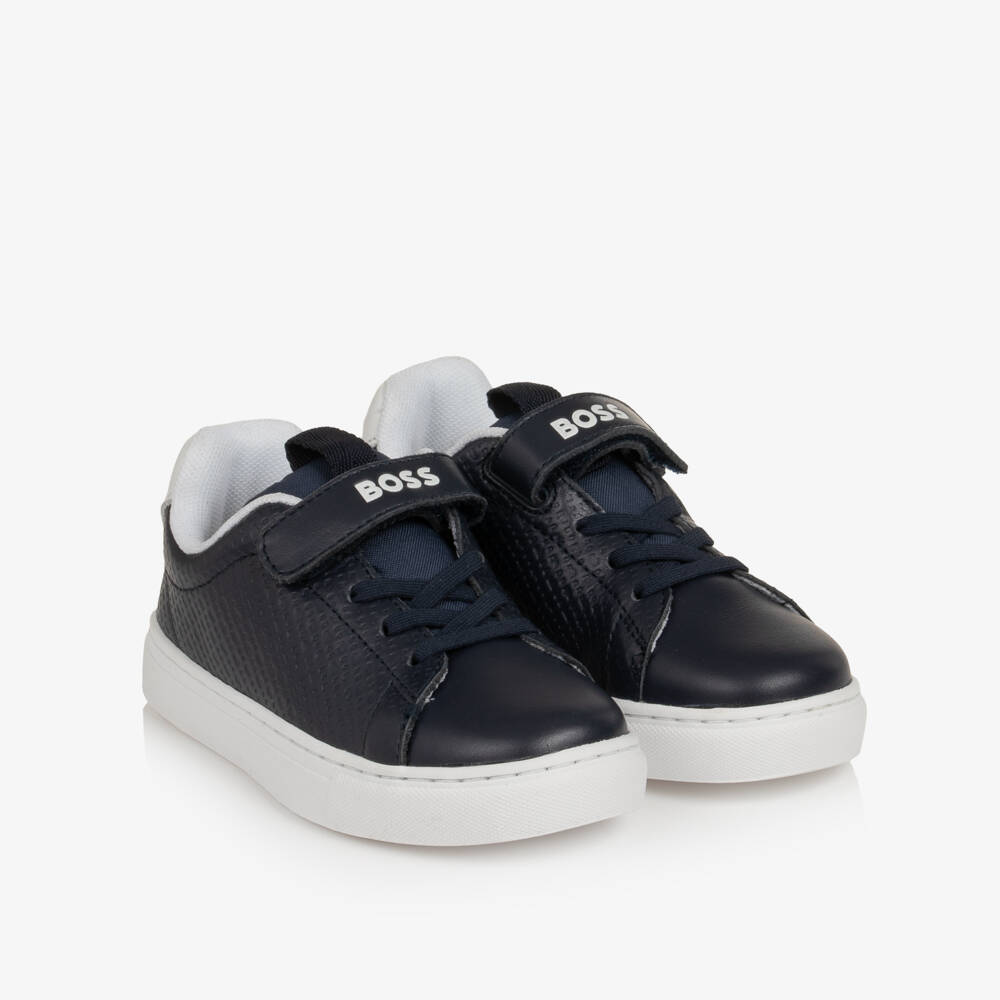 BOSS-Boys Navy Blue Monogram Pattern Trainers | Childrensalon